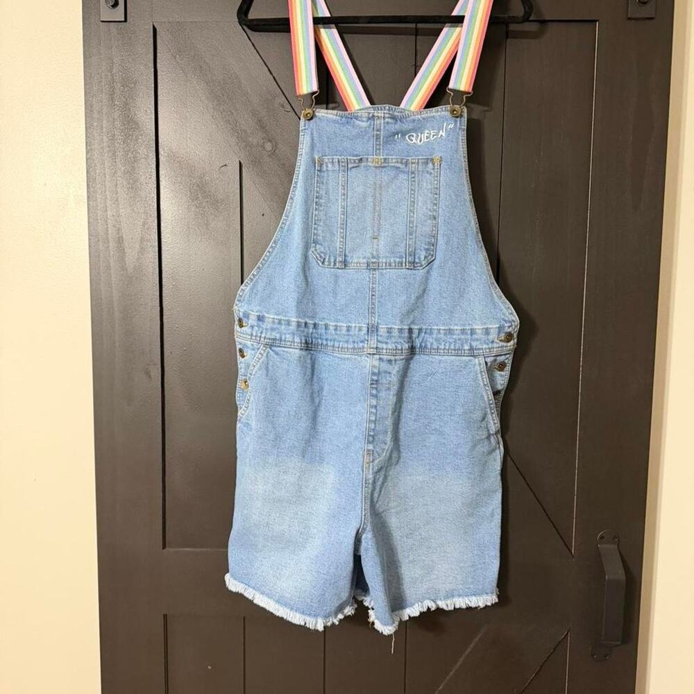Rainbow Strap Denim Romper Overalls “Queen” Embroidered Trendy Y2K Cottagecore - Picture 2 of 8